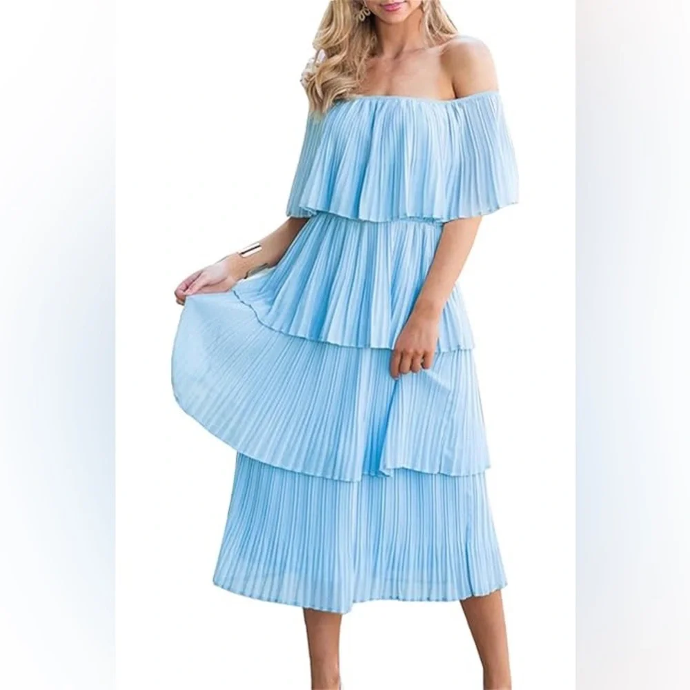 OFF THE SHOULDER TIERED PLEATED MIDI CHIFFON DRESS IN LIGHT BLUE SIZE MEDIUM - Picture 2 of 16